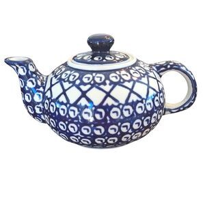 Polish Pottery Authentic Bolesławiec Teapot Hand Made 16 Oz 1 Pint BLUE 2 cups